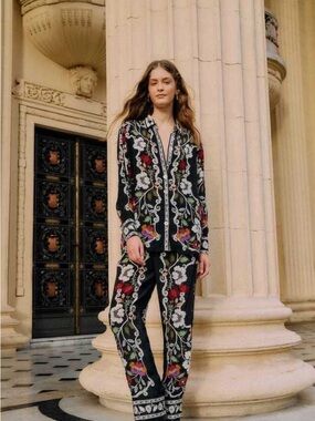 Floral Embroidered Black Pajama-Style Jumpsuit Pants Set
